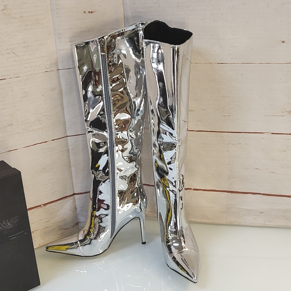 Arqa Silver Knee High Pointed Toe Boots Size 8 - Picture 2 of 15
